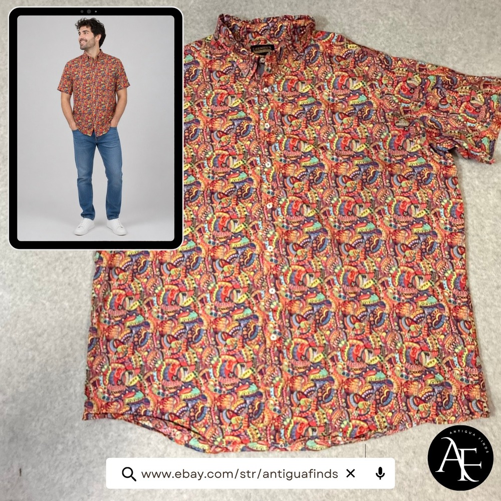 Cremieux Premium Denim Men 4XT Paisley Button Down Shirt Colorful Short Sleeve